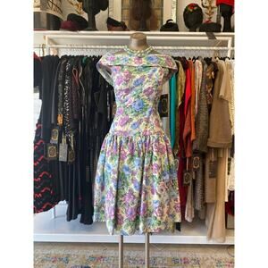 vintage 1980s pastel floral prom dress off the shoulders full skirt drop waist s